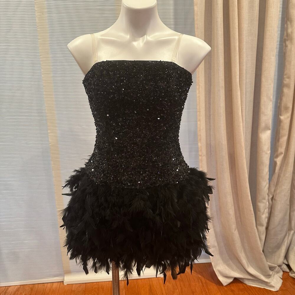 Fashion Nova Zoey Black Sequin Feather Strapless Mini Dress NWT Size S
